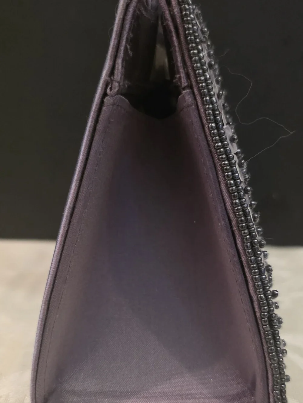 Reaction Vintage Grsy Satin Bag w/ Square Beaded Sequins Soft Handles Snap Top